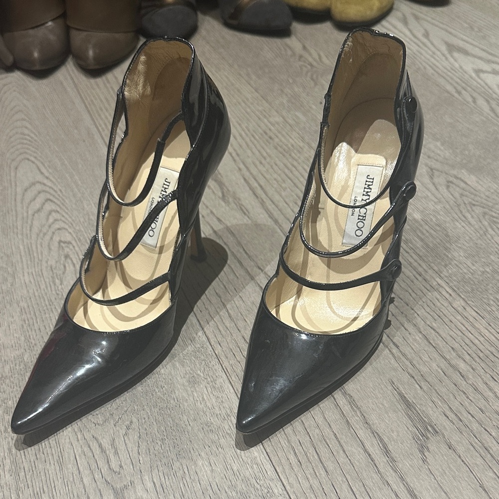 Jimmy Choo Patent Glossy Leather Black Strappy Heels